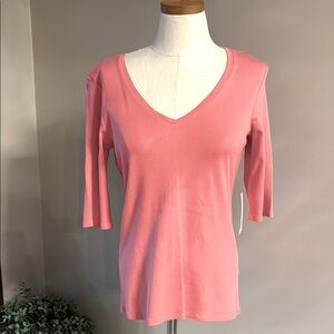 Eileen Fisher ORGANIC cotton V neck Tee salmon pink 1/2 sleeve NWT size Med